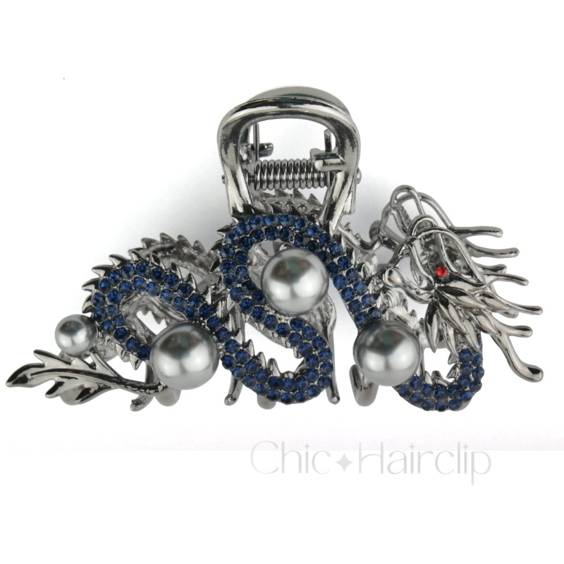 Pince cheveux en métal originale Dragon bleu décor strass