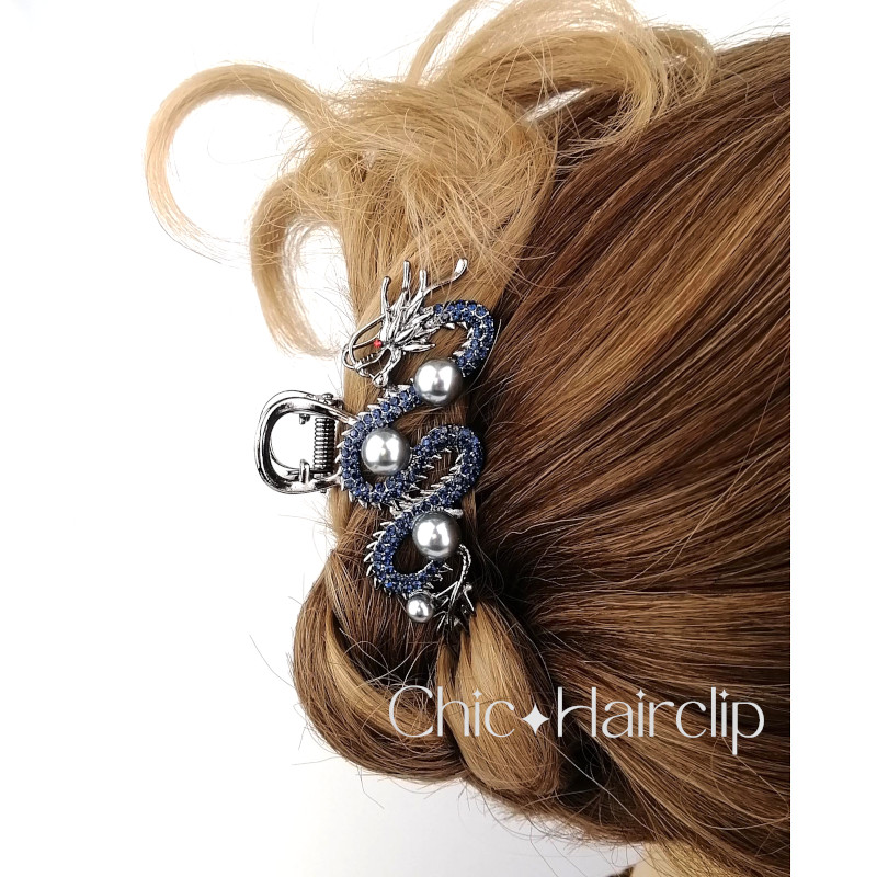 Pince cheveux en métal originale Dragon bleu décor strass
