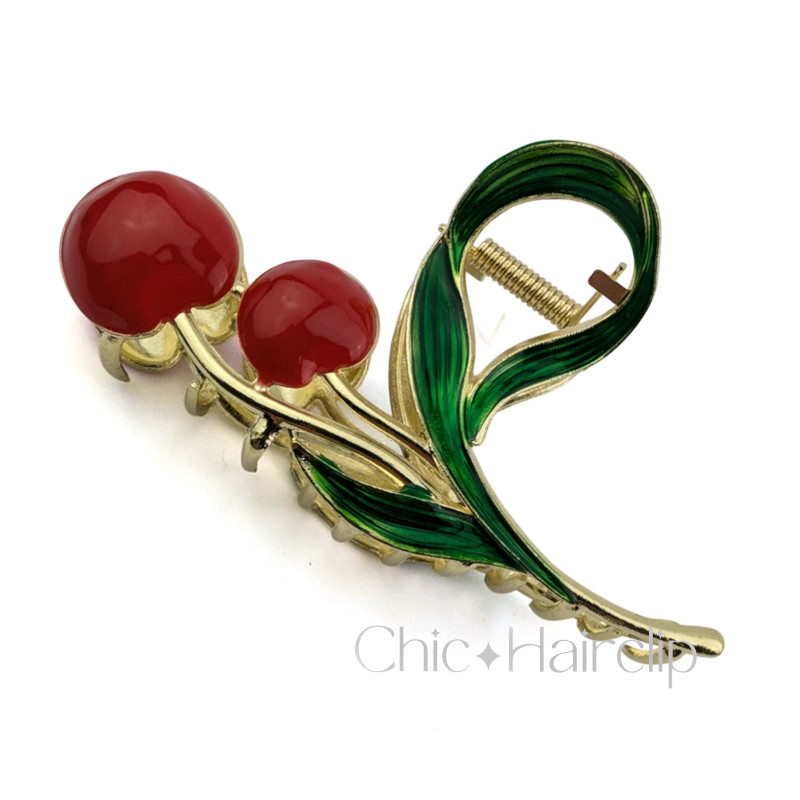 Grande pince cheveux originale en métal 11cm Cerise