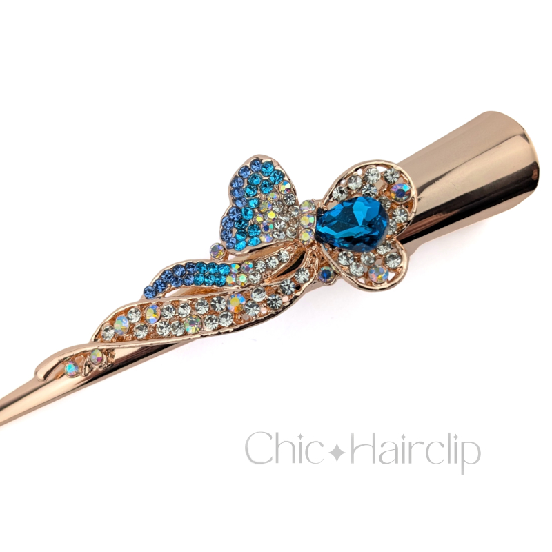 Grande Pince cheveux pélican en métal doré ornée de strass